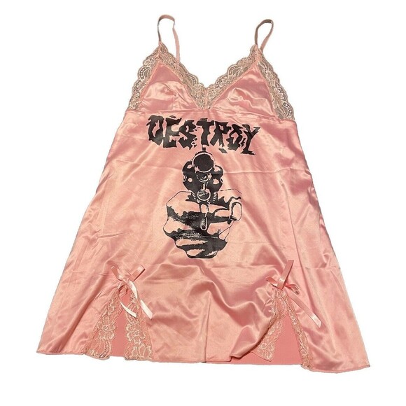 Vintage Arcane Destroy Havoc Logo Pink Satin Lace Slip Dress Nightgown - Picture 7 of 15